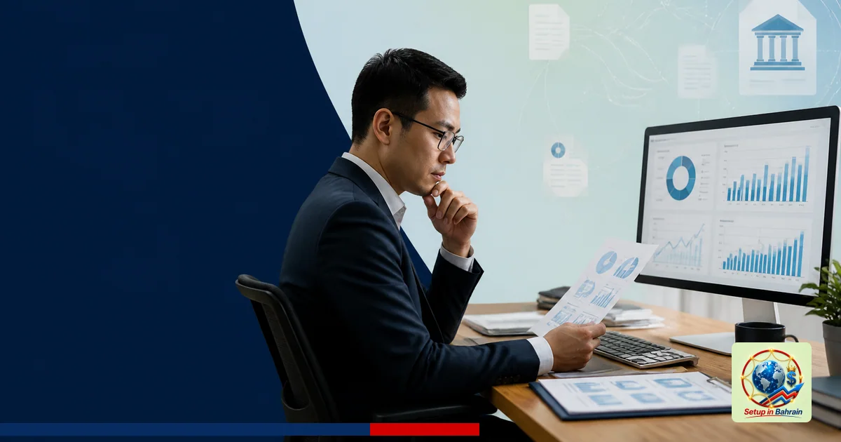 A premium editorial office scene with a single professional at a desk reviewing abstract regulatory data on a monitor; a left