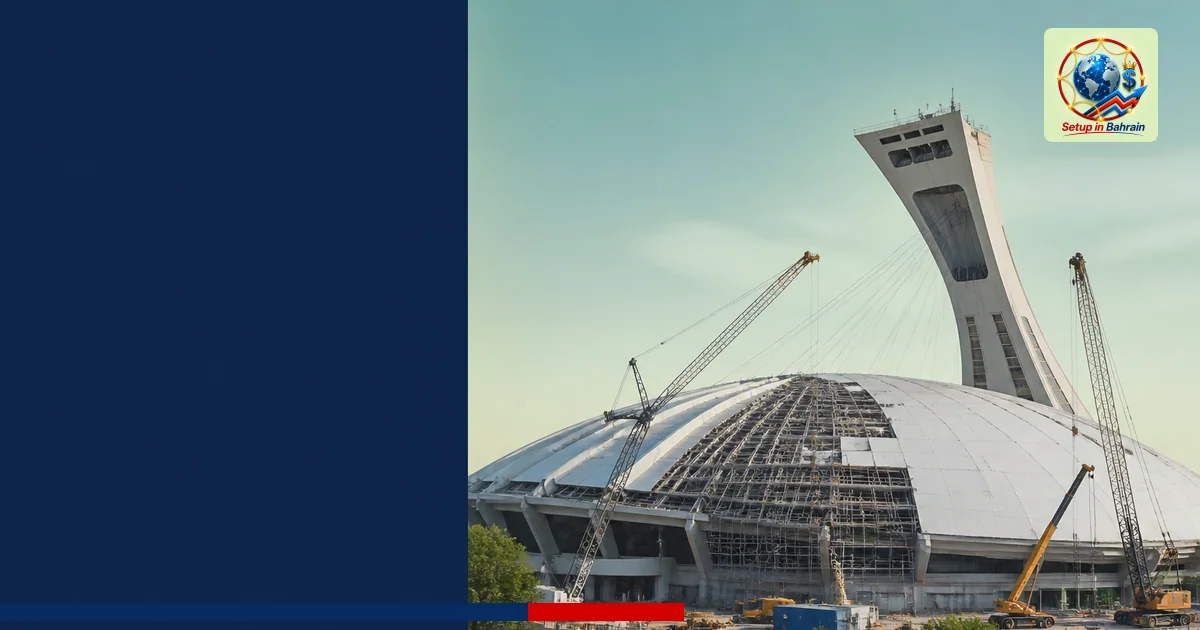 A premium editorial scene of Montreal's Olympic Park showing construction activity around the stadium roof replacement, with