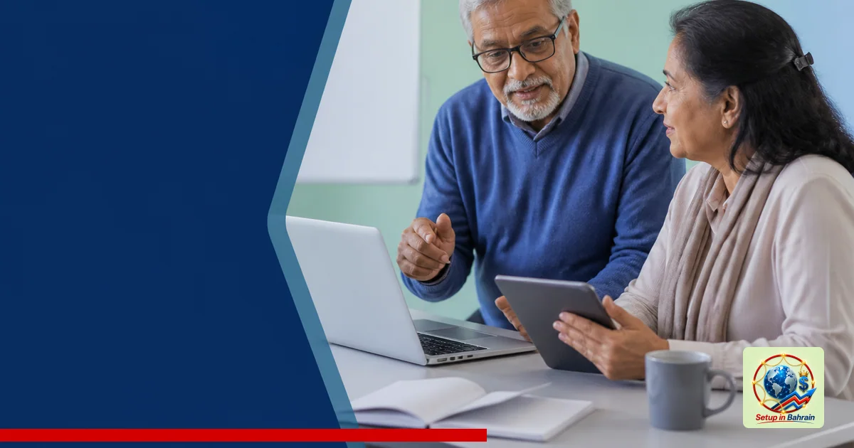 A senior volunteer mentor guides a learner in a clean, well-lit classroom-like space. The mentor sits beside a laptop with a