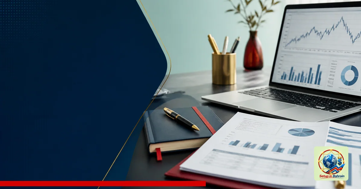 A minimalist editorial workspace with a left strong navy information panel and a right calm desk scene featuring a laptop, no