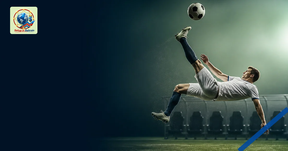 A single footballer mid-scissor-kick on a neutral field, with a navy information panel on the left and a dynamic action shot 