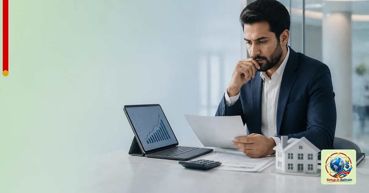 Single prospective homebuyer in a modern bank setting studies mortgage documents at a desk; soft, cool lighting and a pale gr