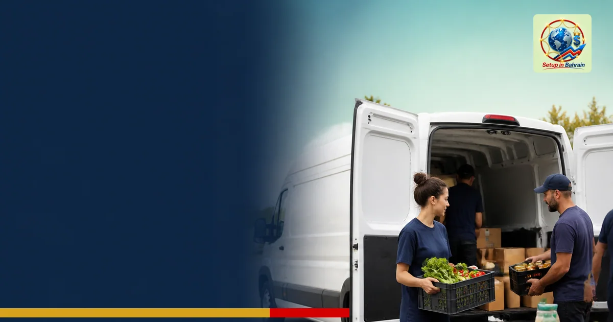 A clean, editorial-style scene of an unbranded delivery van on a calm street, with volunteers coordinating food deliveries be