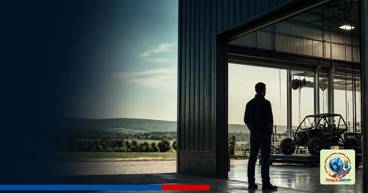 A premium editorial-style exterior view of a new UTV manufacturing facility with a partially opened bay; a single figure silh