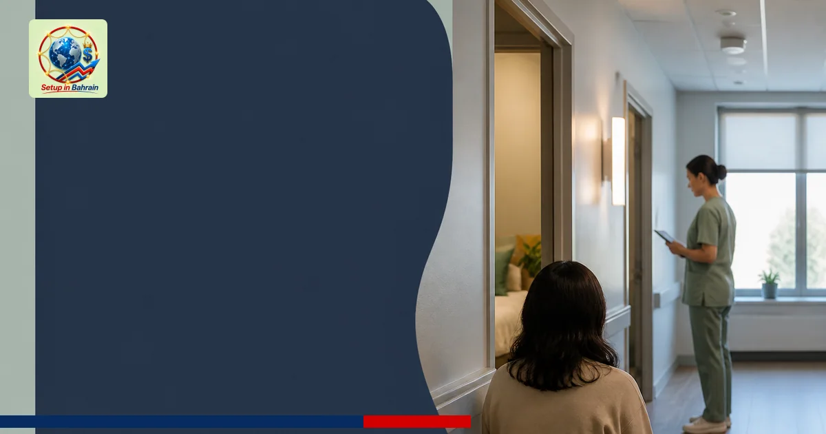 A calm, modern Brooklyn care facility corridor with a private room entrance on the right and a dignified, non-identifiable fi