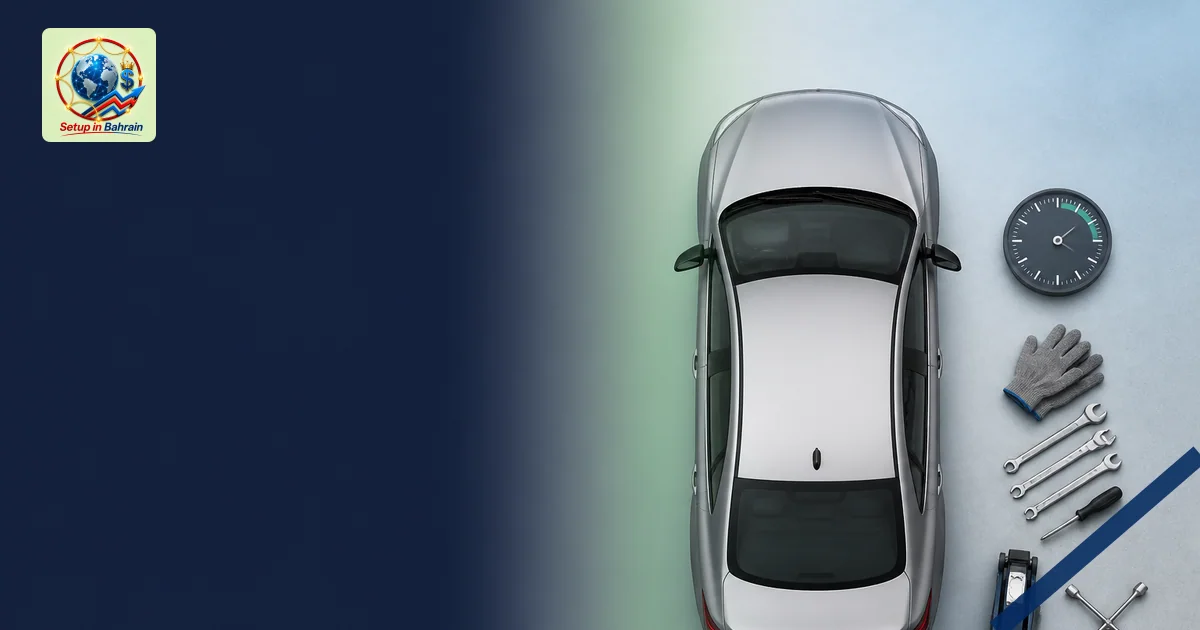A clean, non-branded editorial scene showing a single modern car on a showroom-like floor with a navy left information panel 