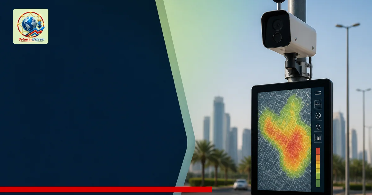 A clean editorial scene showing a discreet noise camera on a pole beside a stylized city noise map; left side features a navy