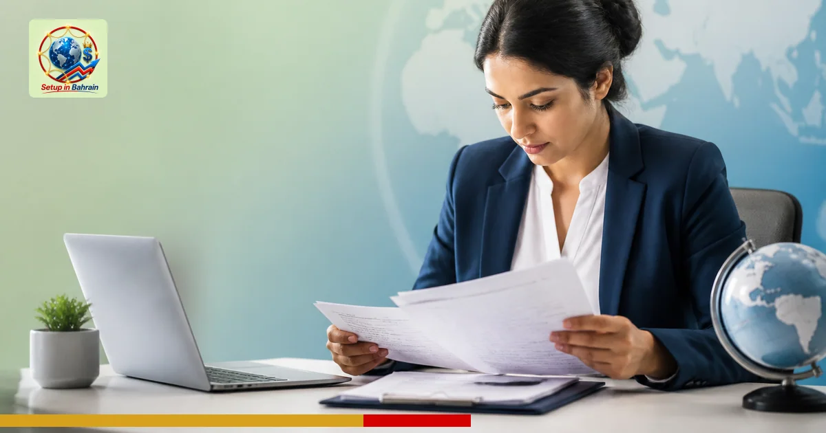 A focused, single business professional sits at a clean desk in a modern office, examining documents related to cosmetics exp