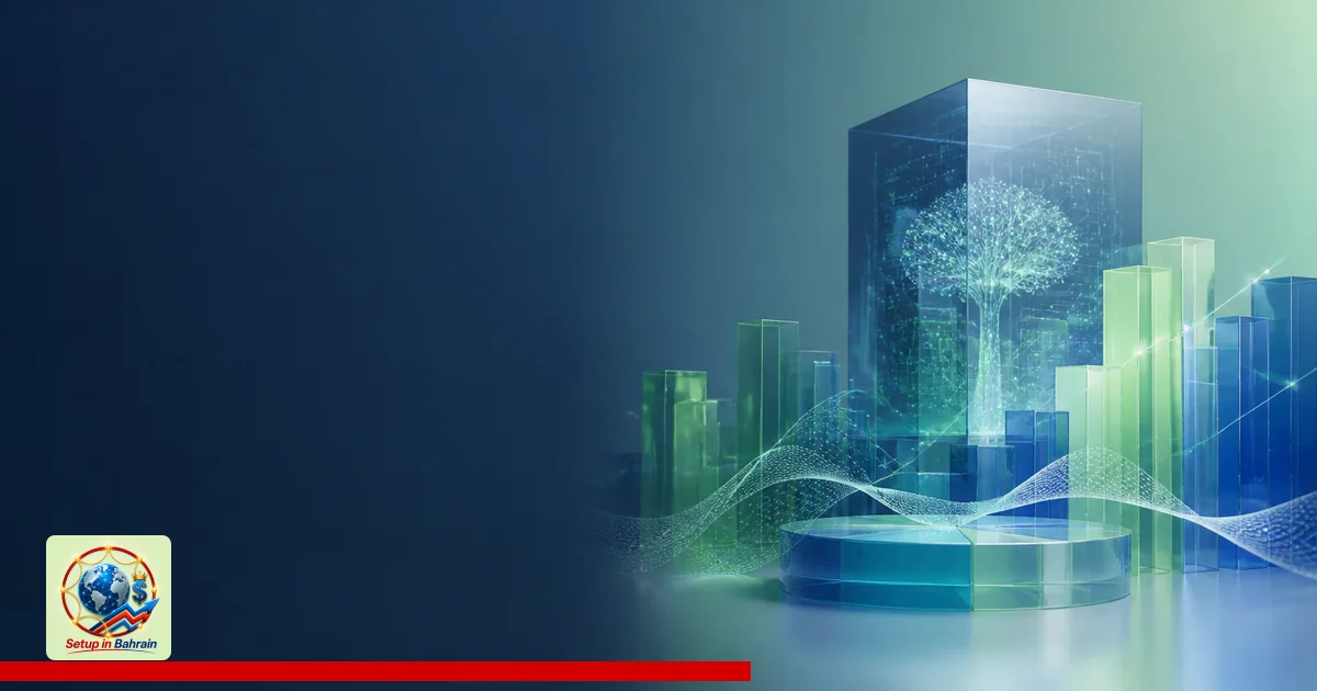 A clean editorial scene with a pale blue-green gradient background. A bold navy left panel suggests a business briefing, whil