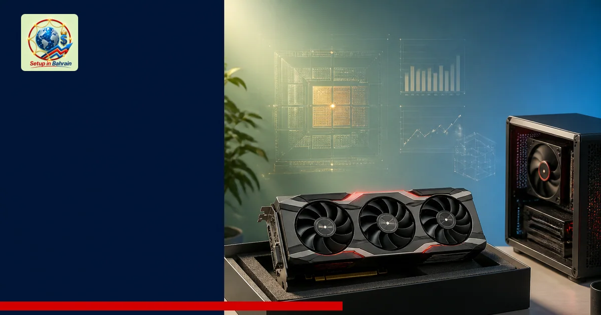 A clean, minimal desk scene featuring a partially unboxed graphics card with abstract digital overlays suggesting GPU archite