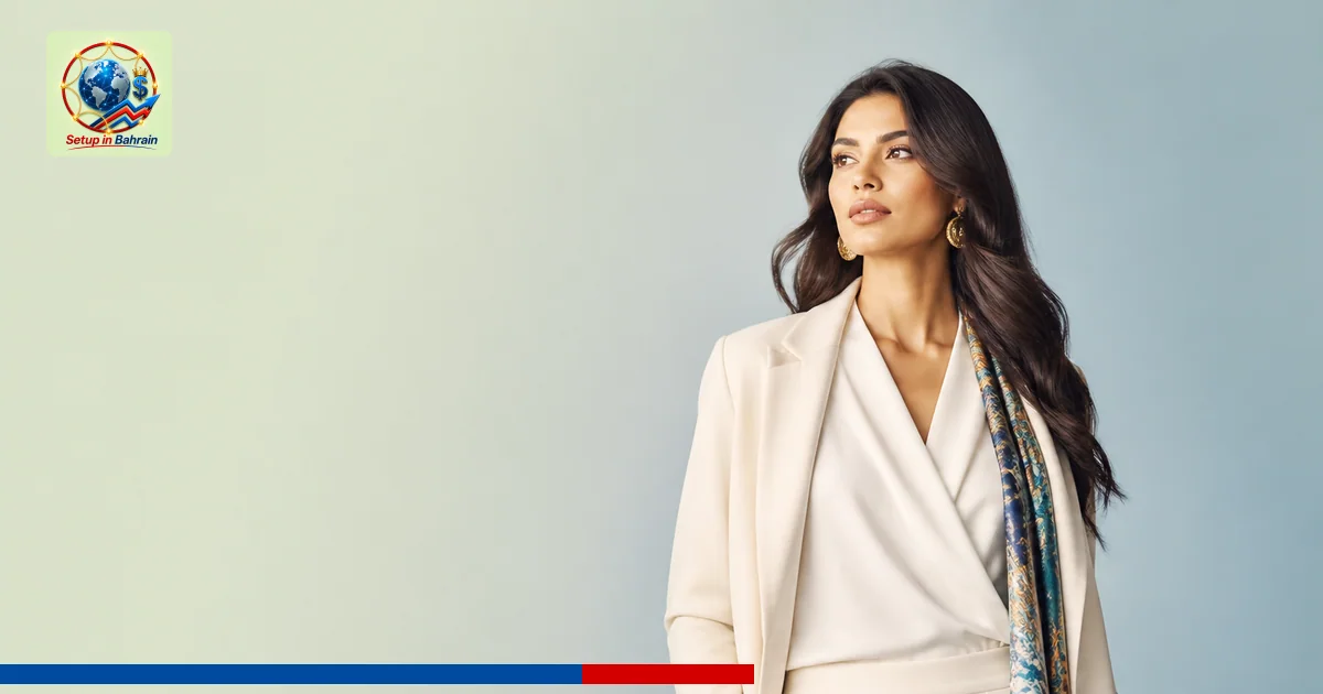 A premium editorial cover scene with a single poised female figure against a pale green-to-blue gradient background. A strong