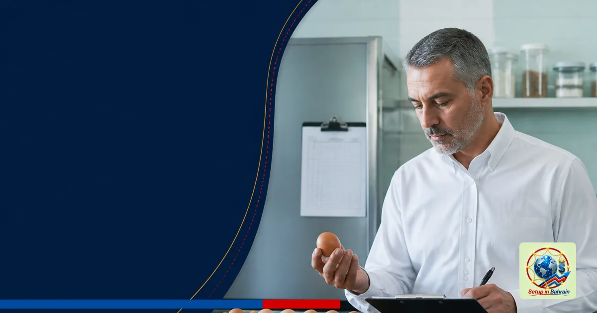 A professional kitchen scene with a single staff member inspecting egg cartons on a counter; a blank, navy-textured left pane