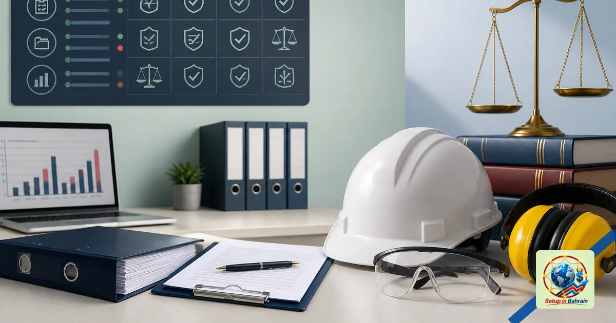 Editorial scene showing a modern compliance workspace: a left-side information panel concept and a right-side abstract dashbo