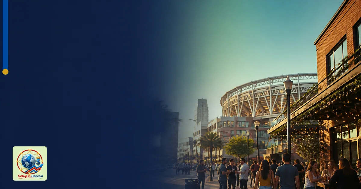 An editorial scene of downtown San Diego near Petco Park with a lively street and bars, a distant stadium silhouette, and a p