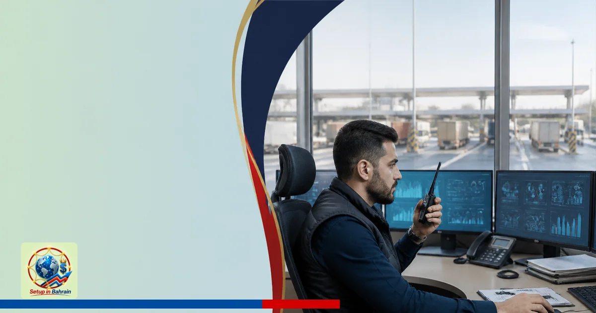 A single logistics coordinator sits at a desk in a modern border operations area, facing computer screens with abstract workf