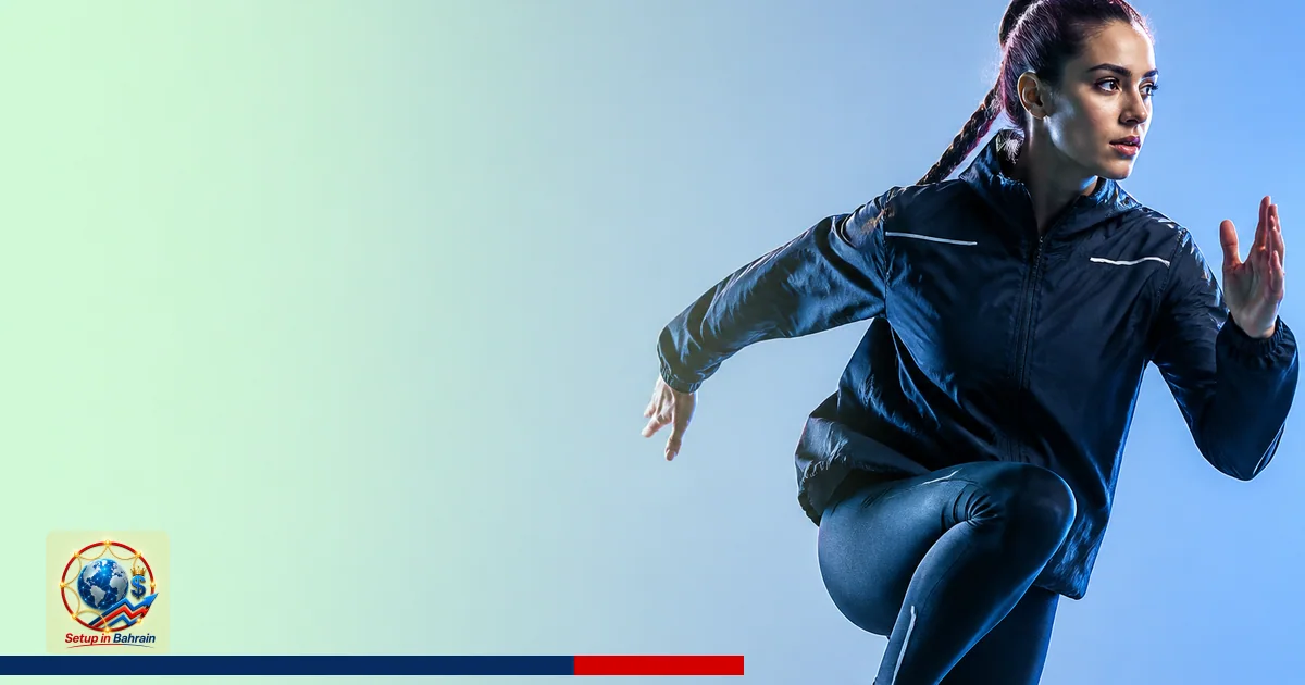 A single stylized figure in a dynamic pose stands on the right against a pale green-to-blue gradient, with a clean left infor