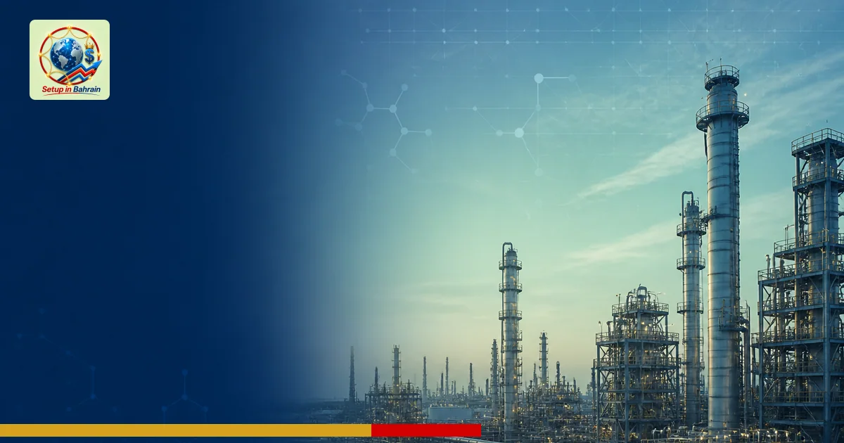 An unbranded editorial illustration of Bahrain's Sitra petrochemical landscape with distant refinery silhouettes and a soft g