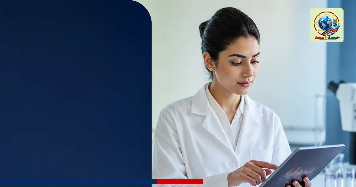 A solitary scientist in a clinical space presents data on a tablet to a left-side information panel; the scene uses a pale gr