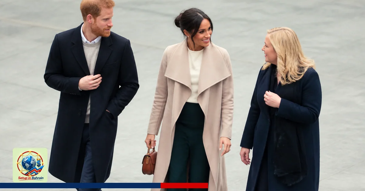 Editorial visual representing one concrete editorial subject illustrating Prince Harry and Meghan Markle with former aide ami