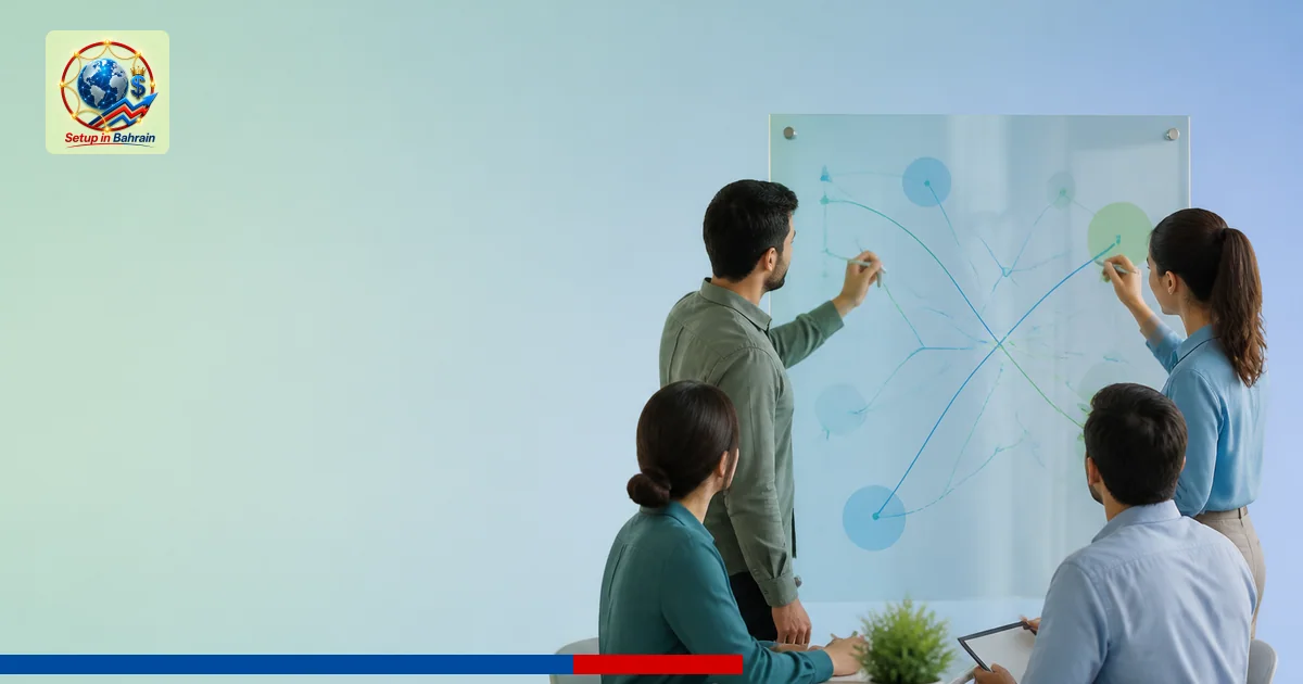 A clean, editorial cover scene featuring a minimalist office setup with a left-anchored information panel area and a right-si