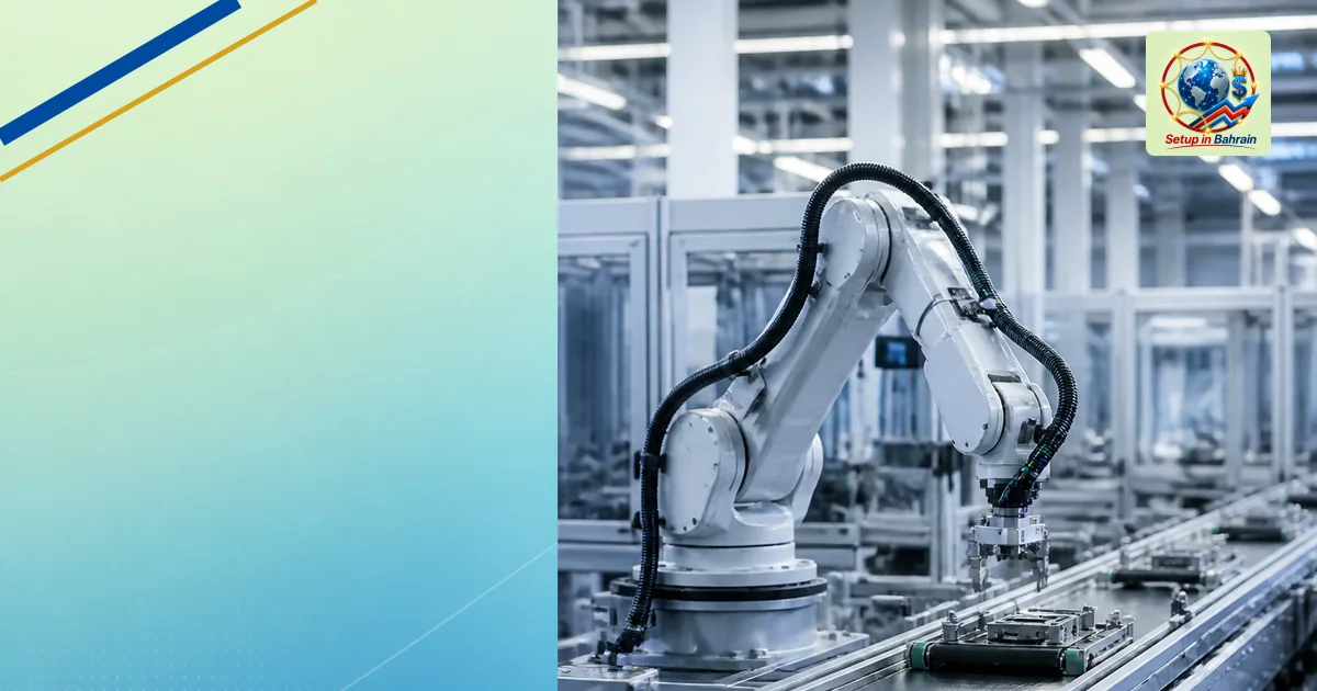 Unbranded editorial scene of a modern manufacturing facility with a robotic arm overseeing a production line, set against a p