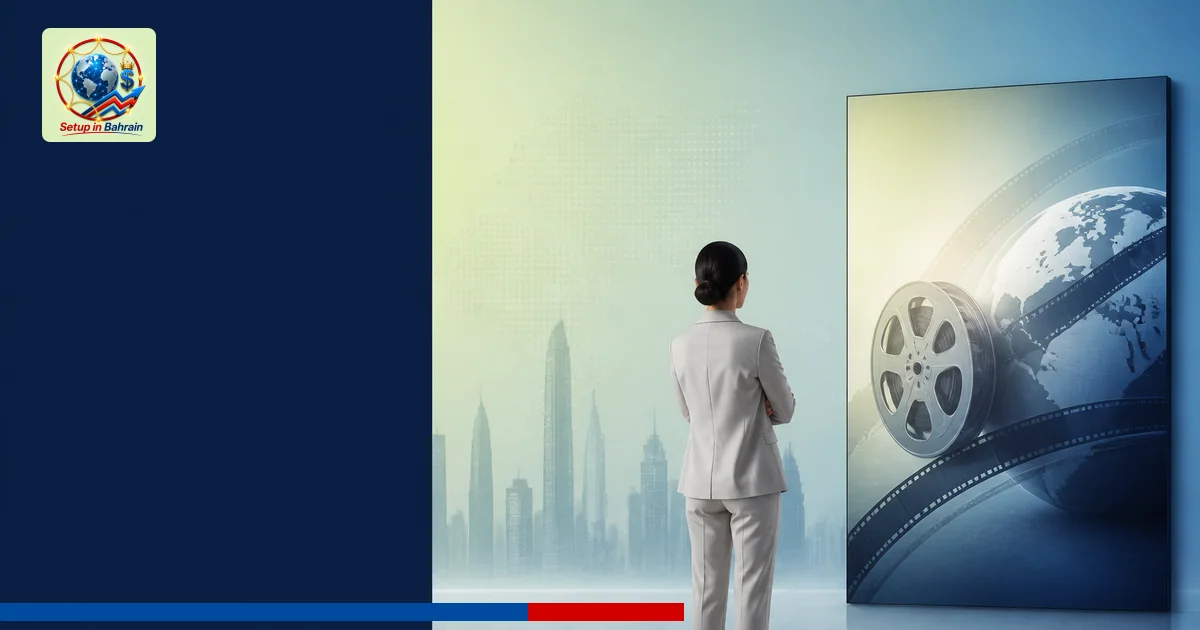 A clean, editorial-style scene with a single, neutral professional figure standing near a left navy information panel. The pa