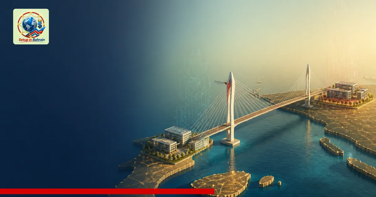 An unbranded editorial scene showing a stylized bridge linking two tech campuses with floating glyphs over a soft gradient ba