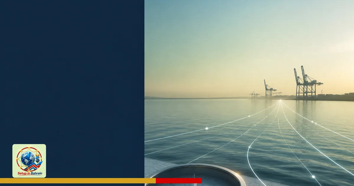 Calm ocean view with a distant port on the horizon, abstract network lines converging toward a corridor, and a navy informati