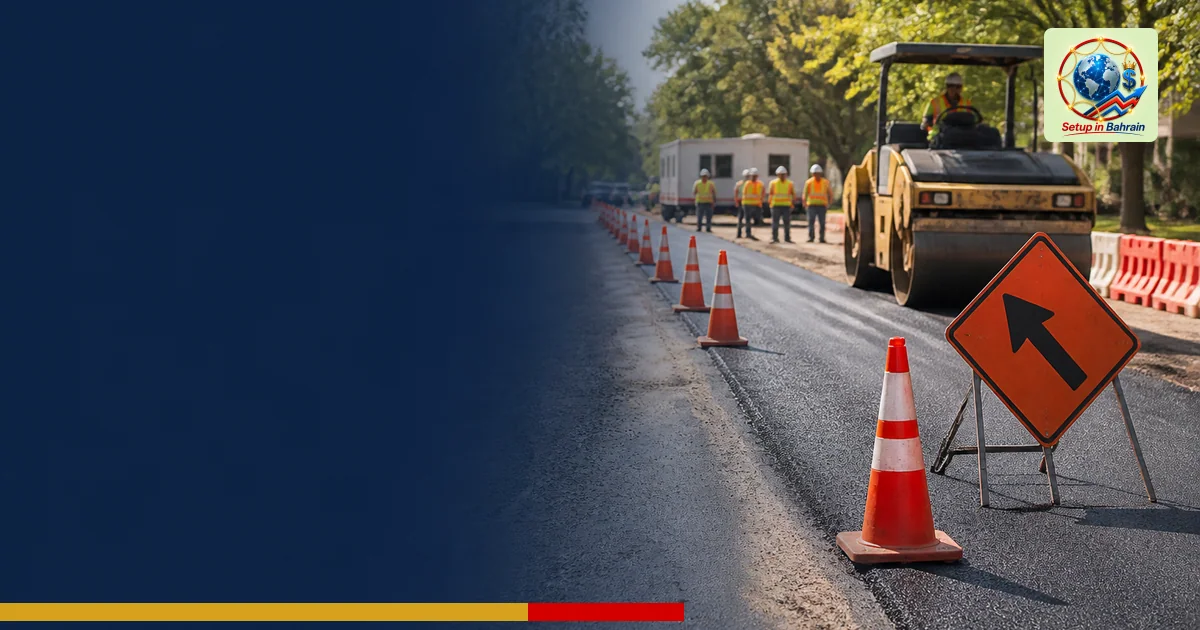 Unbranded editorial street scene showing a neighborhood repaving operation: a partially closed road with orange cones and bar