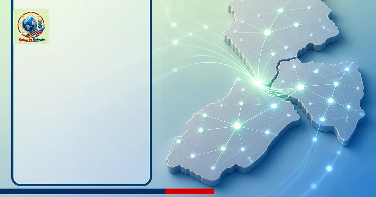 Editorial scene with a left navy-panel information area and a right-side abstract fiber network map illustrating growth and i