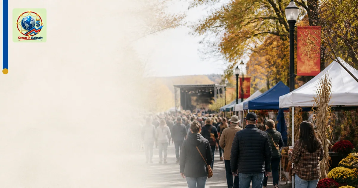A bustling Roxborough street festival scene with tents and a crowd along Ridge Avenue, autumn colors, and a distant small sta