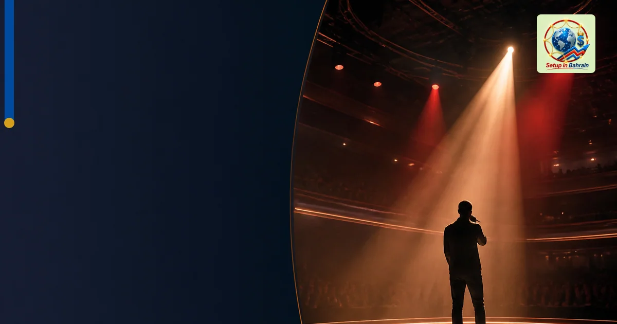A solo performer silhouette on a lit stage inside a modern venue, with a pale green-to-blue gradient backdrop. A strong navy 