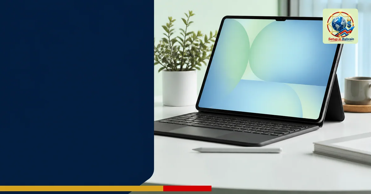 Unbranded premium tablet with stylus on a light desk in a Bahrain business setting, pale green-to-blue background, left navy