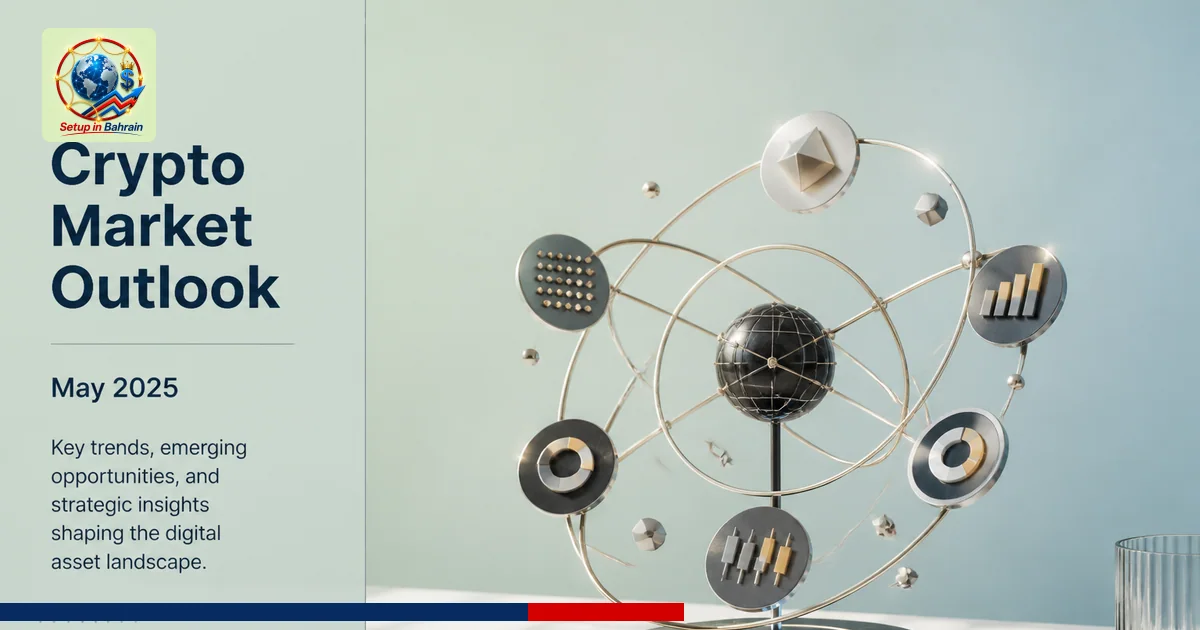 A premium editorial cover scene: a modern office desk with an abstract data sculpture and crypto glyphs on the right, a navy-
