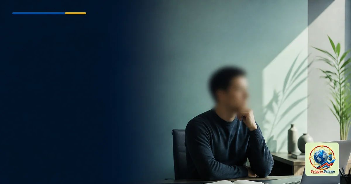 A single executive-like figure sits at a minimalist desk with a laptop in a clean, modern Bahrain business setting. The left