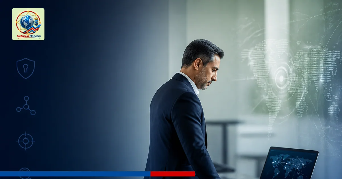 A single executive security strategist stands beside a desk in a clean, modern office, studying abstract threat maps on a lap