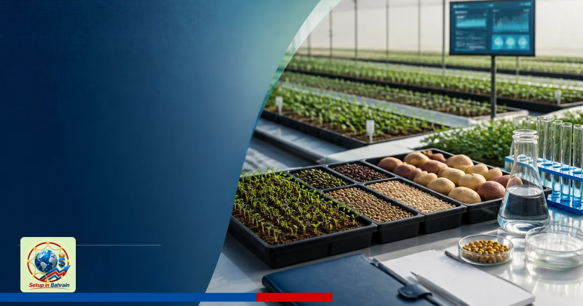 A clean, studio-like seed research scene showing seed trays and lab tools in a controlled greenhouse setting with a pale gree