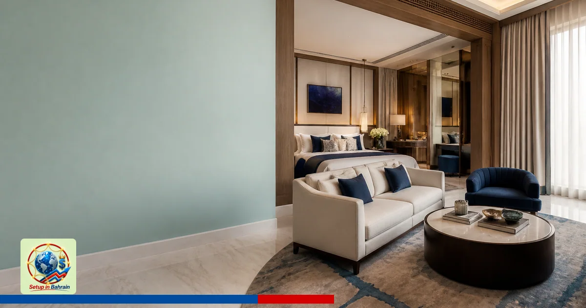 A luxurious hotel suite under renovation featuring a spacious living area, plush seating, and a large bed bathed in warm, pro