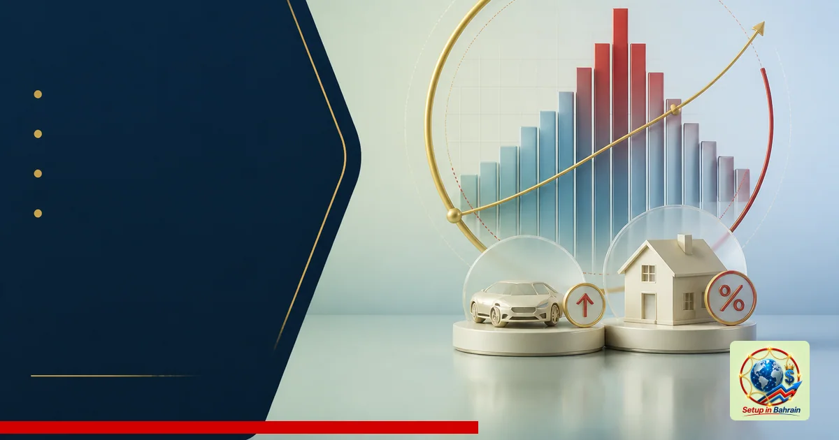 Editorial-style illustration showing inflation dynamics with a left navy information panel and a right-side abstract graph fe