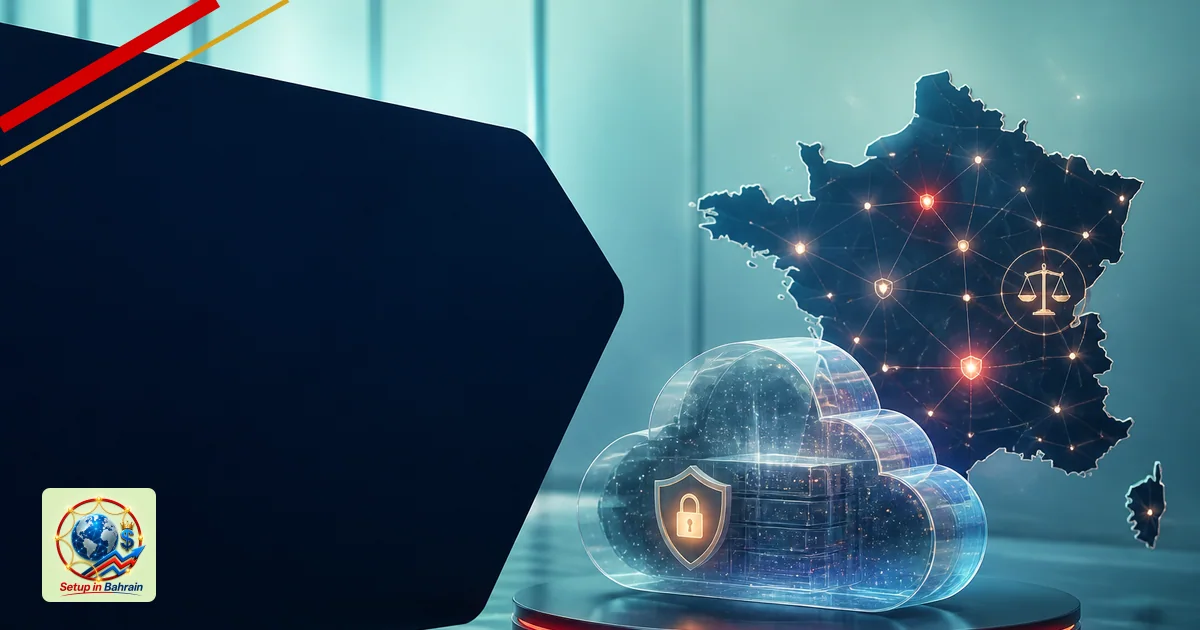 A clean, premium editorial illustration showing a sovereign AI data cloud concept for France with a navy information panel on