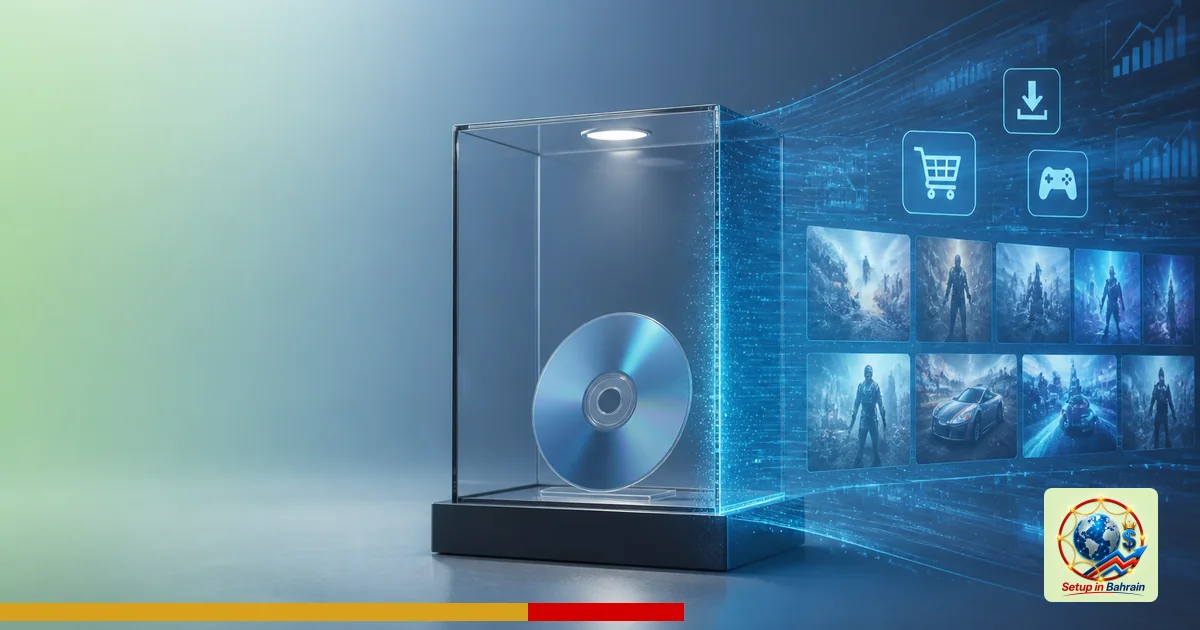 A clean studio editorial scene showing a solitary game disc in a glass display transitioning into a glowing holographic digit
