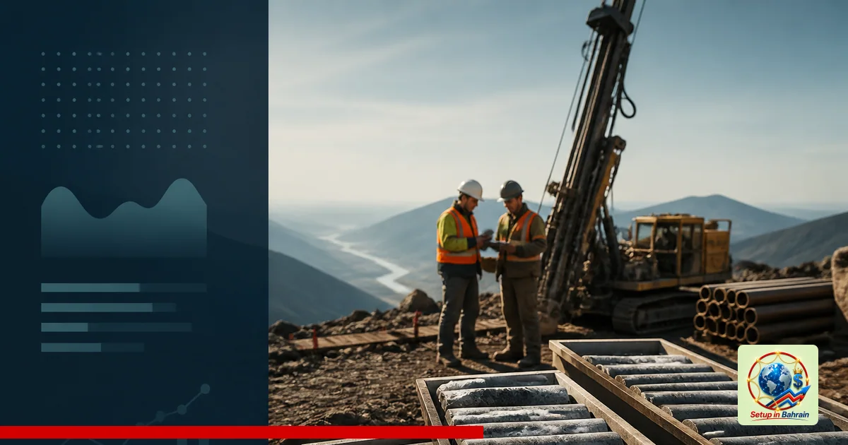 Open-cut mining drill site with a rig and two crew members examining core samples against a soft green-to-blue background; le