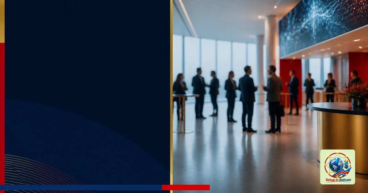 Editorial cover scene of a modern conference corridor with a left navy info panel and a right busy networking zone, featuring