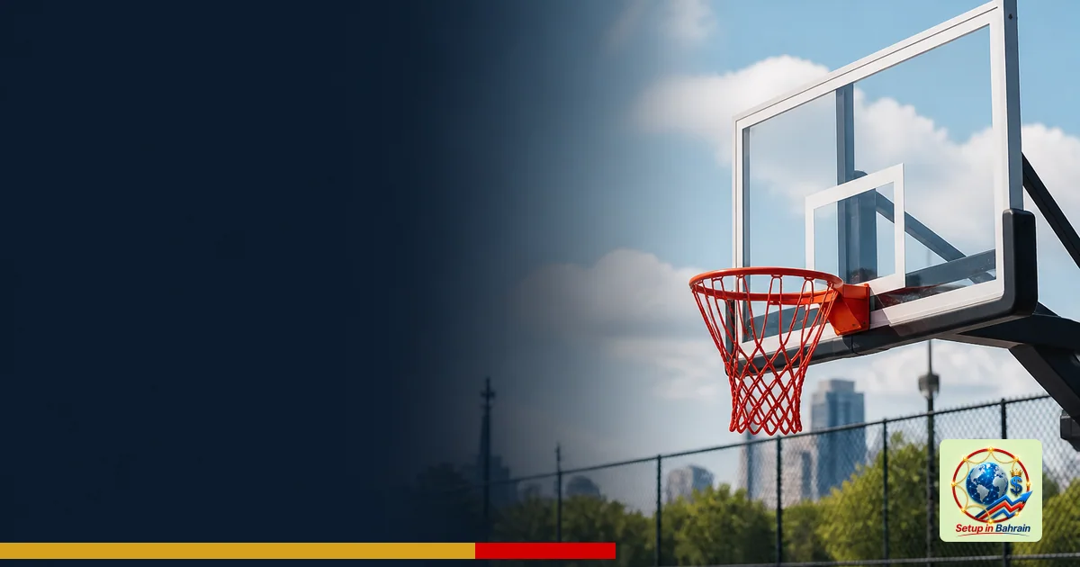 An outdoor public basketball court with a newly installed red net on a backboard; the left side features empty space suitable