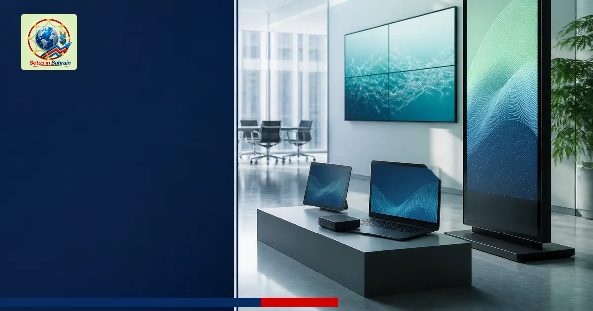A clean, corporate editorial scene showing an APAC headquarters concept with a left navy information panel for headlines and