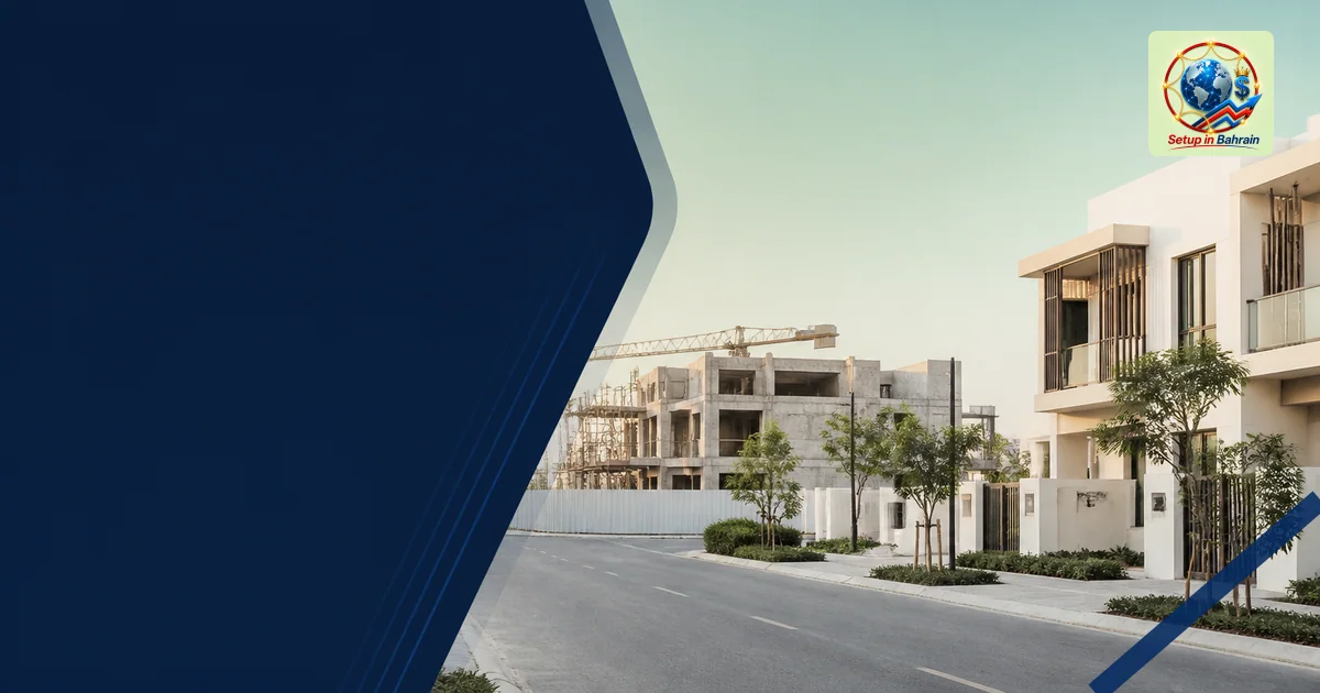 A premium editorial-style image showing a modern residential construction site on the left transitioning to a calm row of com