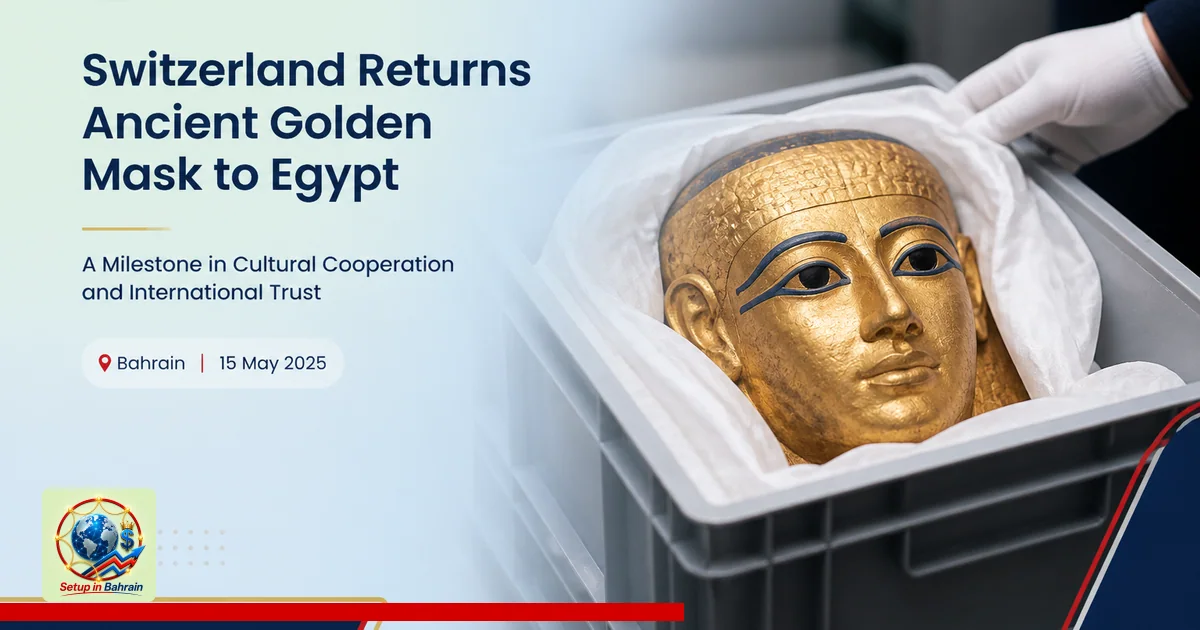 Editorial visual representing one concrete editorial subject illustrating Switzerland Returns Ancient Golden Mask to Egypt