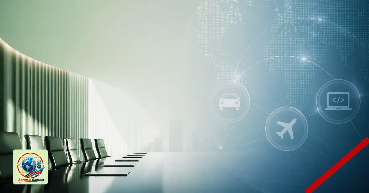 Editorial cover scene showing an abstract boardroom motif on the left with a pale green-to-blue background, a subtle global m