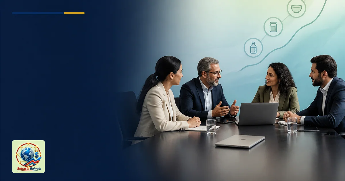 A premium editorial cover scene showing four business colleagues in a modern conference room. A left-hand navy information pa