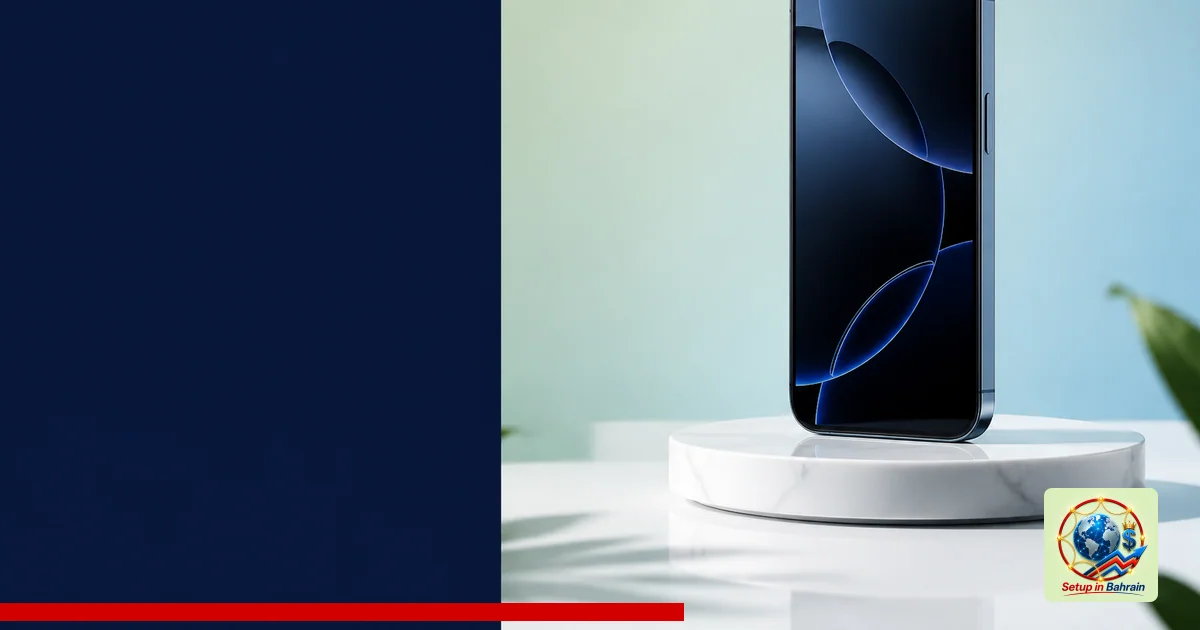 A single premium smartphone on a pedestal stands against a pale green-to-blue gradient backdrop. A bold navy information pane